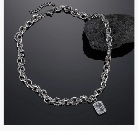 Stainless Steel Crystal Chunky Charm Pendant Necklace Paperclip Chain - Picture 8 of 9